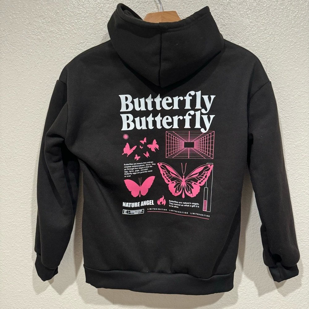 NWOT Kids SHEIN Girls Black Pink Butterfly Graphic Hoodie Sweatshirt L 11/12